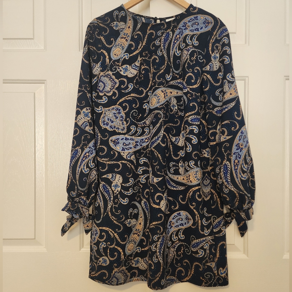 H&M Dark Blue Paisley Print Round Neck Long Sleeve Shift Tunic Dress Size M
